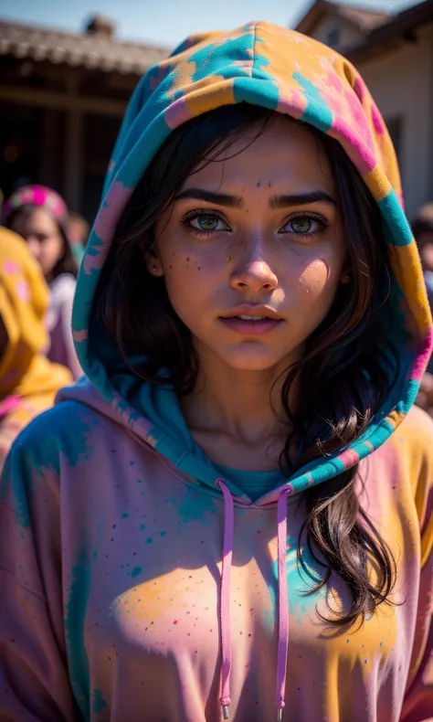 beautiful American college woman, wearing hoodie, looking at viewer, holi color festival, portrait, hyper detailed POV, by lee jeffries, nikon d850, film stock photograph, 4 kodak portra 400, camera f1.6 lens, rich colors, hyper realistic, lifelike texture, dramatic lighting, cinestill 800,