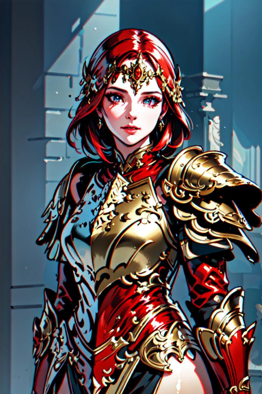 Masterpiece, absurdres, fine detail, HDR, highly detailed face and eyes, photorealistic, War_Glam, a woman in a red armor ,armored, wearing War_Glam