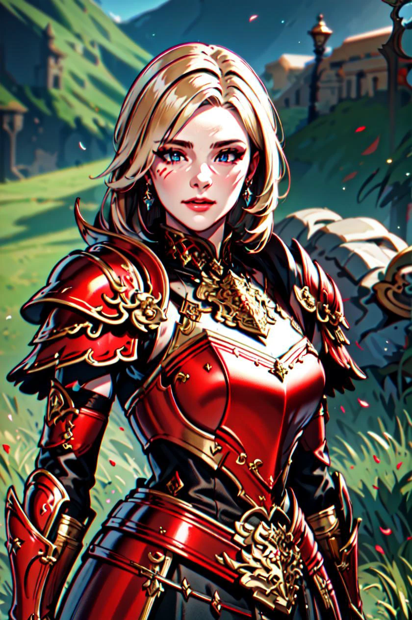 Masterpiece, absurdres, fine detail, HDR, highly detailed face and eyes, photorealistic, War_Glam, a woman in a red armor ,armored, wearing War_Glam