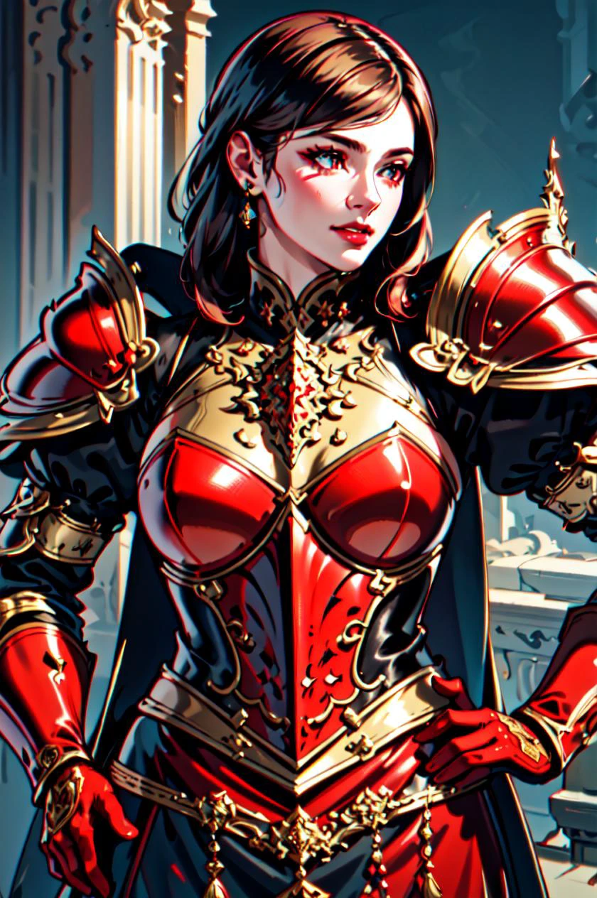 傑作, 荒謬的, 精細細節, 高動態範圍, 臉部和眼睛的細節非常豐富, 逼真的, 战争_华丽, 穿著紅色盔甲的女人 ,装甲, wearing 战争_华丽