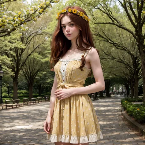 arafed woman in a yellow dress standing in a park