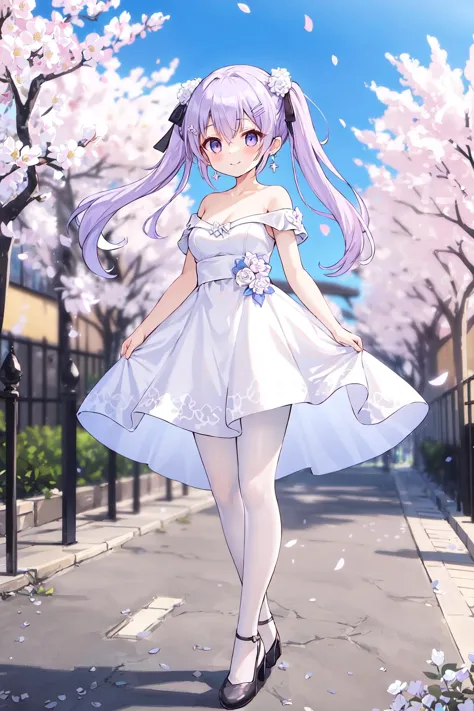 anime girl in white dress walking down a street with cherry blossoms