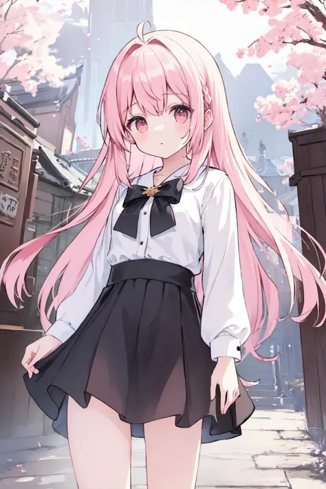 (masterpiece:1.2),best quality,extremely detailed,
BREAK
cute girl,solo,shiny skin,small breasts,long hair, 
perfect detailed eyes,perfect anatomy,
cute eyes,(pink eyes:1.3),(pink hair:1.4),
BREAK
white shirt,black skirt,
BREAK
sakura tree,temple,
BREAK
looking at viewer,character focus,
BREAK