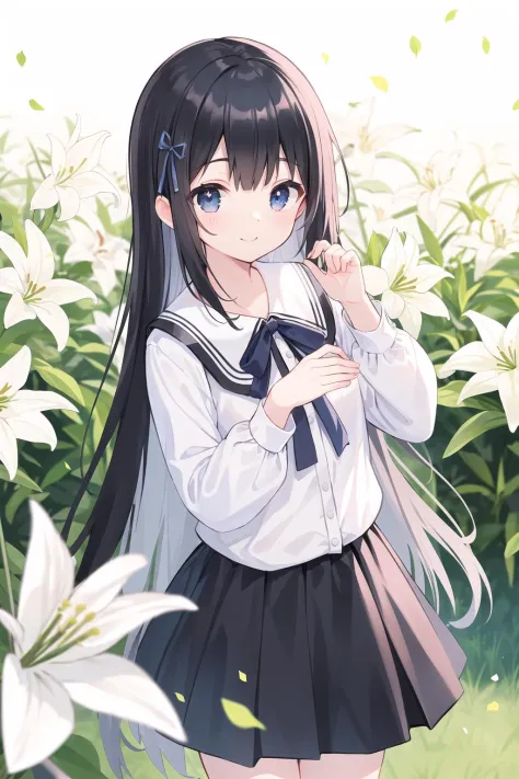 (masterpiece, best quality:1.2), absurdres, highres,
beautiful detailed flowers, white lily field, petals, depth of field,
1girl, smile, white blouse, skirt, black hair, long hair, black hair ribbon, (cute pose:1.2)
