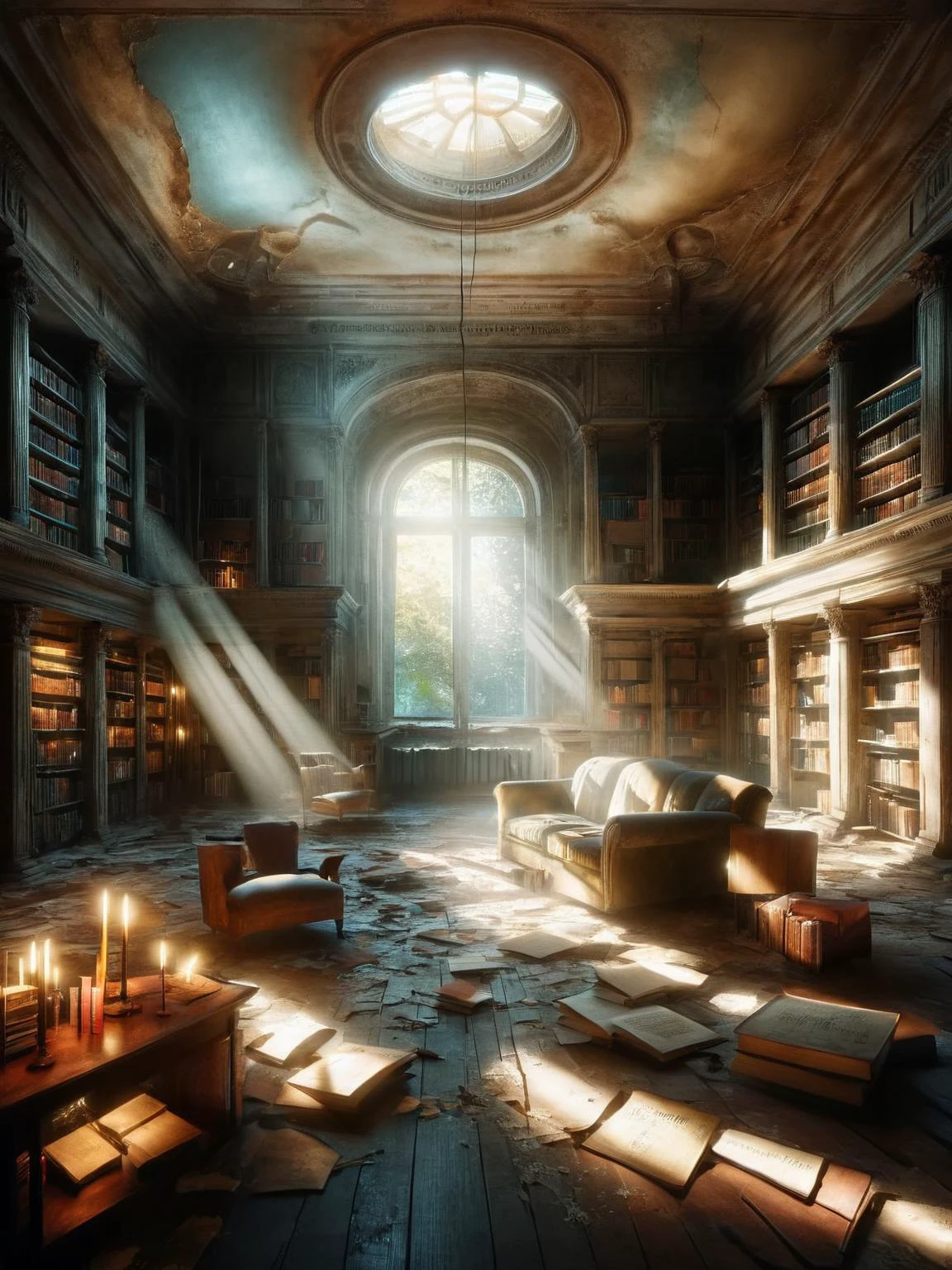 An ais-abandz library with shelves of forgotten stories, lit by a ray of light through the ceiling 4k, uhd,masterpiece ais-sinisterz