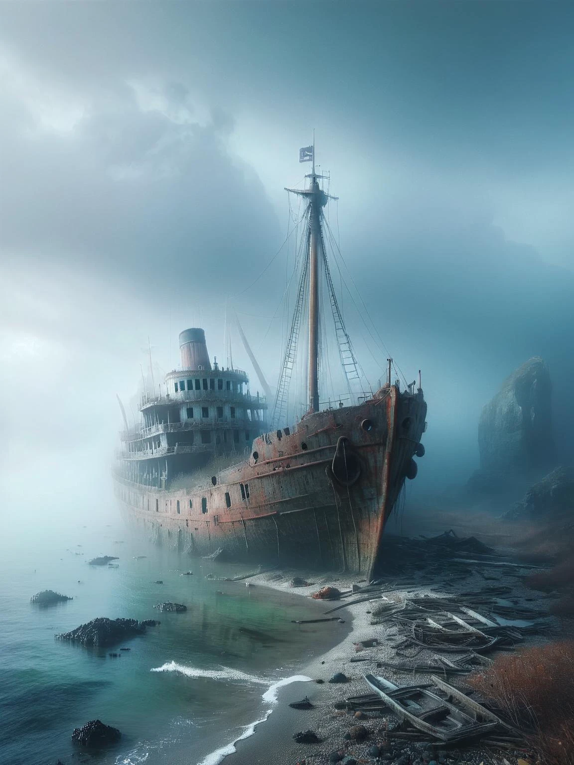 An ais-abandz ship on a foggy shoreline with remnants of its journey scattered around 4k, uhd,masterpiece ais-sinisterz