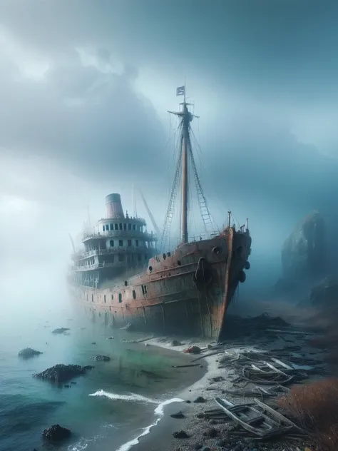 An ais-abandz ship on a foggy shoreline with remnants of its journey scattered around <lora:Abandoned_SDXL:1>, 4k, uhd,masterpiece <lora:Sinister_Style_SDXL:0.7>, ais-sinisterz