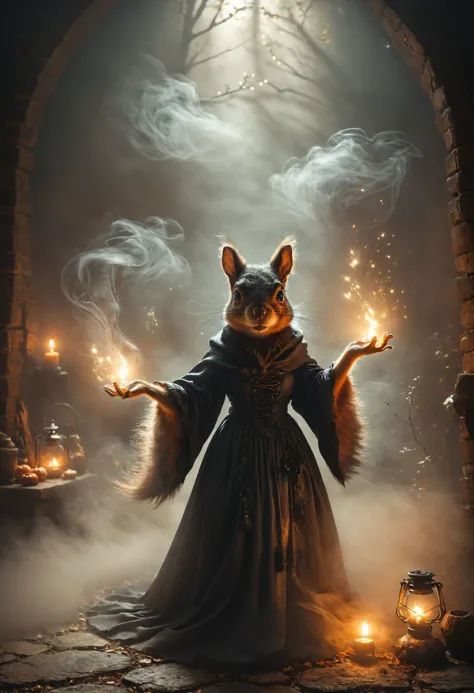 anthropomorphic Squirrel witch casting a spell, <lora:Sinister_Style_SDXL:0.8> ais-sinisterz, <lora:great_lighting:0.8> great li...