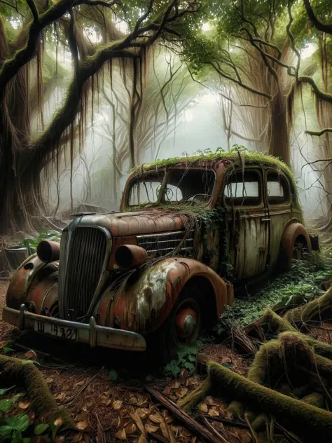 An ais-abandz vintage vehicle in a woodland <lora:Abandoned_SDXL:1>, 4k, uhd,masterpiece <lora:Sinister_Style_SDXL:0.7>, ais-sin...