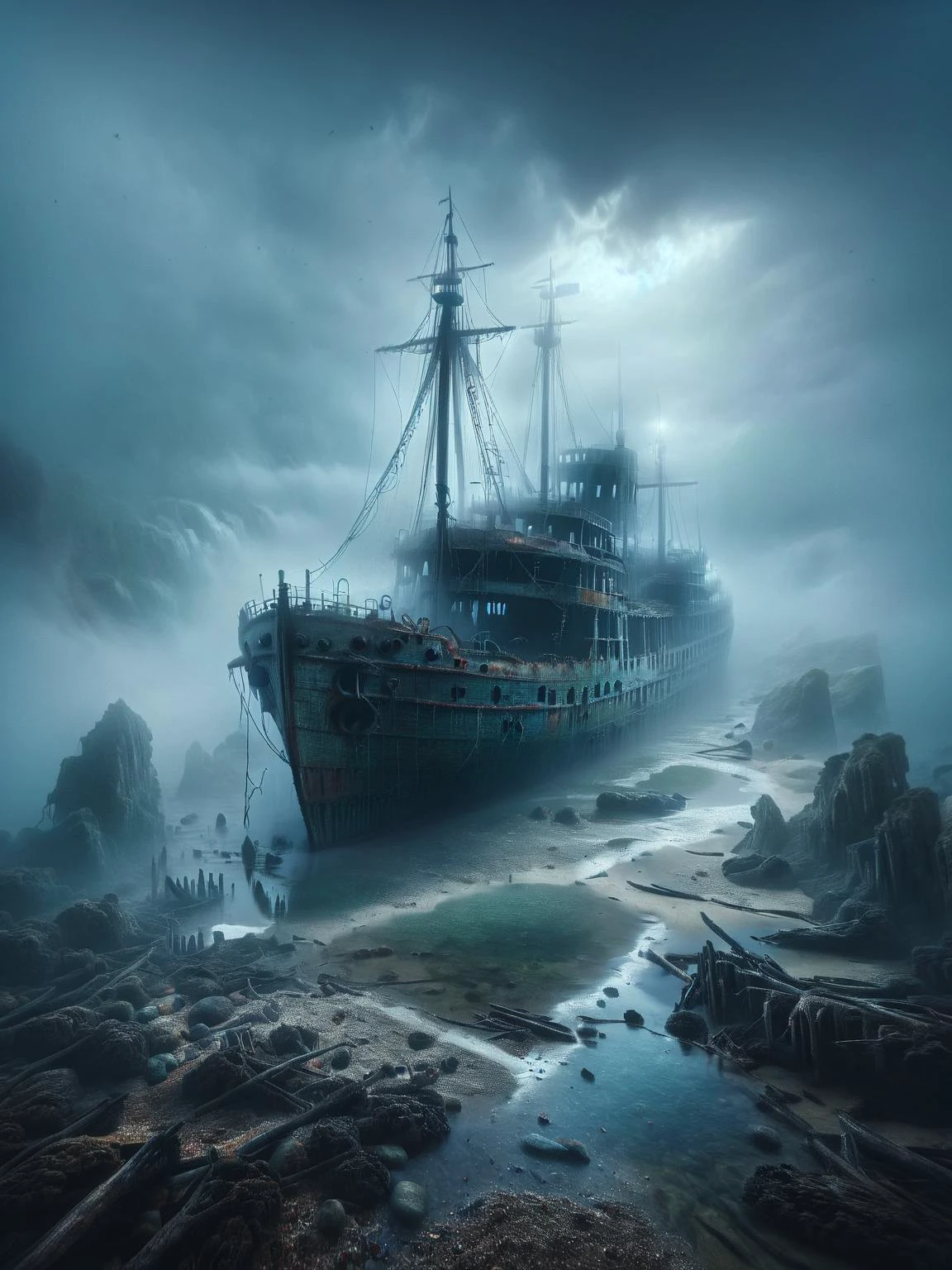 Ein ais-abandz-Schiff an einer nebligen Küste mit Überresten seiner Reise, die überall verstreut sind ais-sinisterz,4k, uhd,Meisterwerk