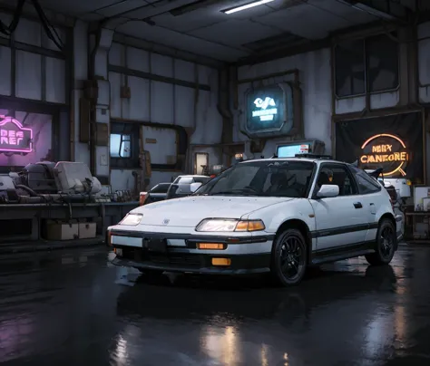 arafed white car in a garage with neon signs and a neon sign