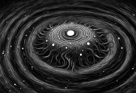 a black and white drawing of a spiral vortex with a sun in the center