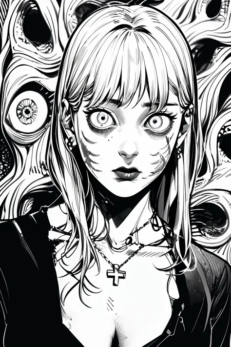 masterpiece, absurdres, detailed, realistic, drawing, ink drawing, grayscale, 1 girl, asian, solo, portrait of a woman, detailed eyes, septum piercing, septum jewelry, chains, cleavage, Kawakami Tomie, junji ito style, horror, manga, inked, (eyes floating in background), improve backgrounds, <lora:itoStyleLoRA:1>, <lora:improve_backgrounds:1>