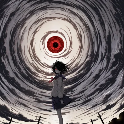 by junji ito, by nihei tsutomu, 1 girl, himecut, serafuku, red eyes, smile, hair over one eye, bad dream, body horror, spiral, street,  dark clouds, manga style, <lora:itoStyleLycoris:0.6>, skillful composition, amazing quality, best quality, high quality