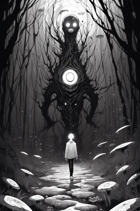 a black and white illustration of a person standing in a forest