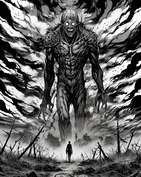 a black and white drawing of a man standing in front of a giant monster