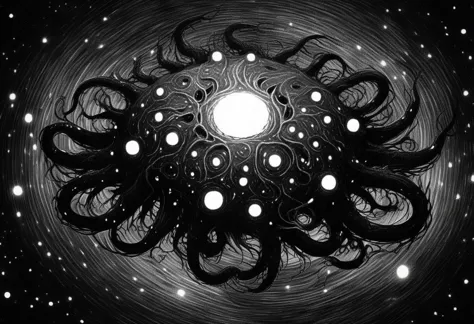 Azathoth is the Greatest God, who rules all infinity from his throne at the center of chaos. His body is composed of all the bright stars of the visible universe, but his face is veiled in darkness<lora:itoStyleLycoris:0.75>