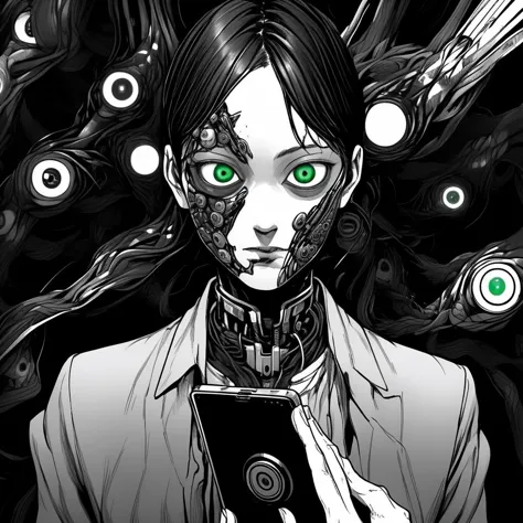 green eyes, thin woman, cyberpunk style, soft focus, Graphic novel, Grindhouse, , vignette, highly, vibrant, dynamic angle, best quality, black suit, cyborg, cybernetics, cool, sleek, thin, r,  detailed eyes, full body shot, holding clipboard,(intricate cybernetic face tattoo:1.3), netrunner, circuity,  plug suit <lora:itoStyleLycoris:1>,  <lora:Seraphins1.0-000038:1>,  corruption, face covered in electronics, infection