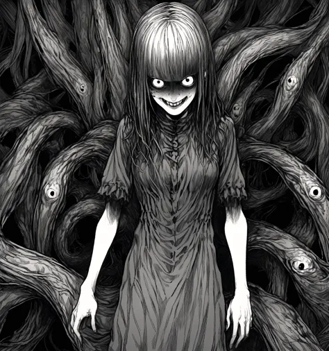 a black and white drawing of a woman standing in front of a bunch of trees