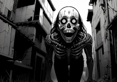 arafed image of a skeleton walking down a narrow alleyway