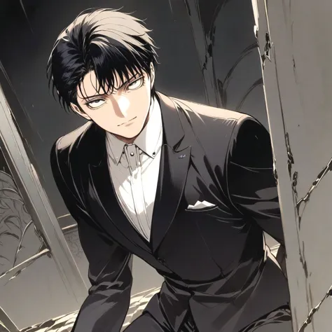 anime image of a man in a suit and tie walking down a staircase