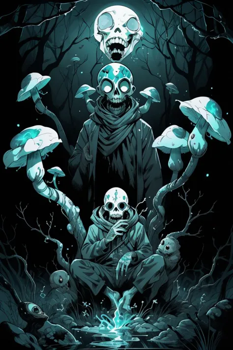 a poster of a skeleton and a man with mushrooms in the woods