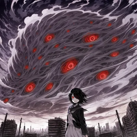 anime girl looking at a huge tornado cloud in a city