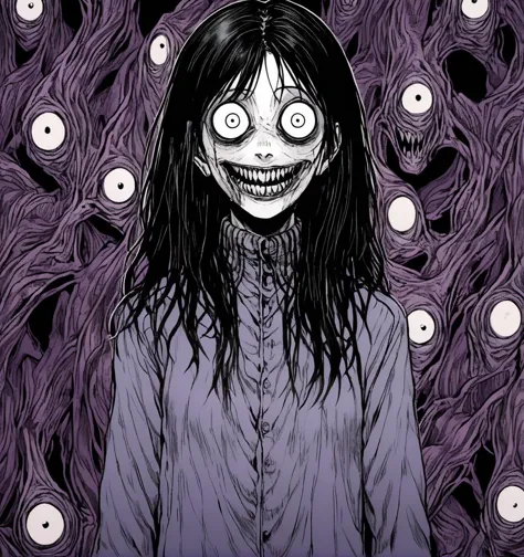 an evil anime girl with a sinister grin, style of 80scartoon, <lora:sdxl_lora_80scartoon:.9>, creepy, nightmare, by junji ito, <lora:XL_itoStyleLycoris:1>