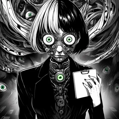 green eyes, thin woman, cyberpunk style, soft focus, Graphic novel, Grindhouse, , vignette, highly,  dynamic angle, best quality, black suit, cyborg, cybernetics, cool, sleek, thin, r,  detailed eyes, full body shot, holding clipboard,(intricate cybernetic face tattoo:1.3), netrunner, circuity,  plug suit <lora:itoStyleLycoris:1>,  <lora:Seraphins1.0-000038:1>,  corruption, face covered in electronics, infection, swirls