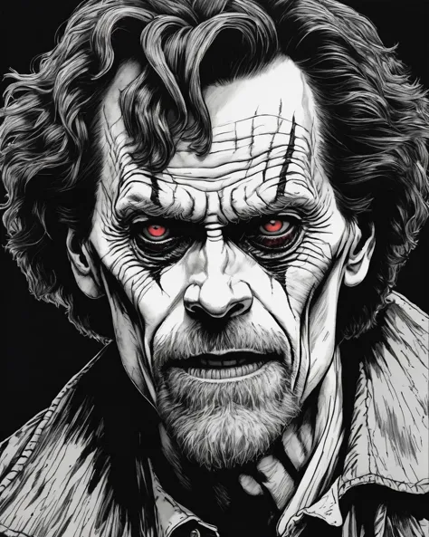 willem dafoe,pennywise,headshot portrait,junji ito style,inked,horror manga,<lora:XL_itoStyleLycoris:1.0>,, 8k, 4k, (highres:1.1), best quality;