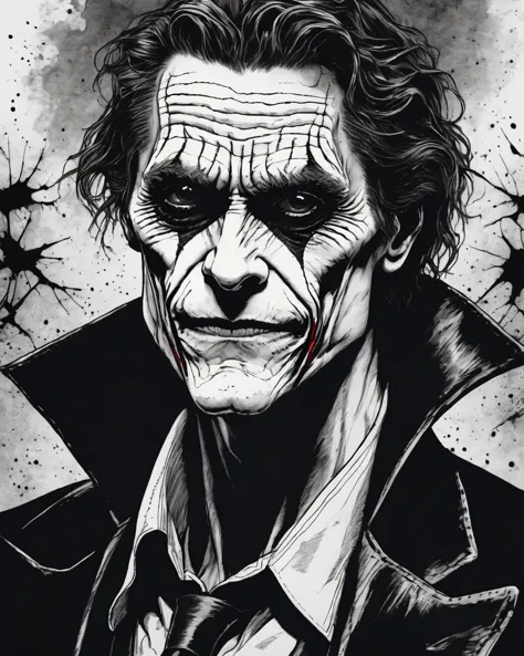 a drawing of a joker with a black coat and tie