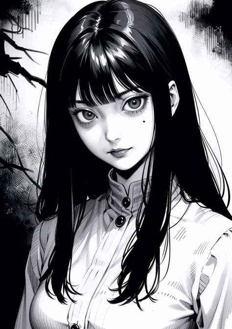 anime girl with long black hair and a white shirt