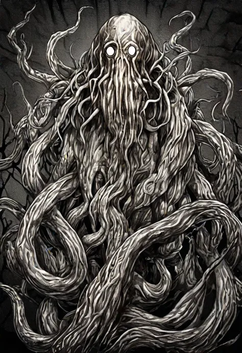 portrait of a Cthulhu,   junji ito style,horror,manga, simple background, lovecraft, <lora:itoStyleLycoris:0.75>