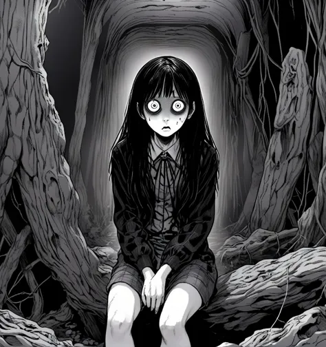 arafed image of a girl sitting in a dark forest