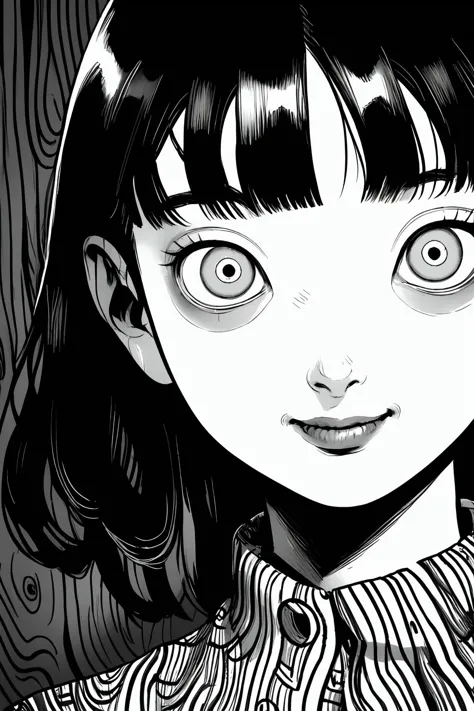 by artist junji ito style, monochrome,(masterpiece:1.2), best quality, masterpiece, highres, absurdres, original, extremely detailed wallpaper,
dramatic shadow, portrait of 1girl, black hair, intricate eyes, light smile
<lyco:itoStyleLoRA:0.9> <lora:add_detail:-1>