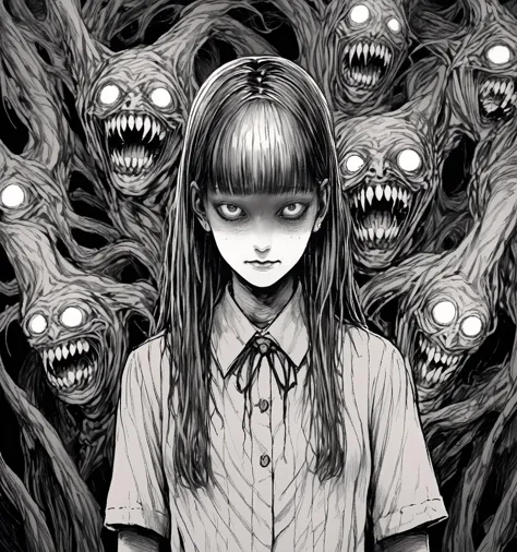 an evil anime schoolgirl with a sinister grin, art by gustave dore, by h.r. giger, by junji ito <lora:itoStyleLycoris:1>