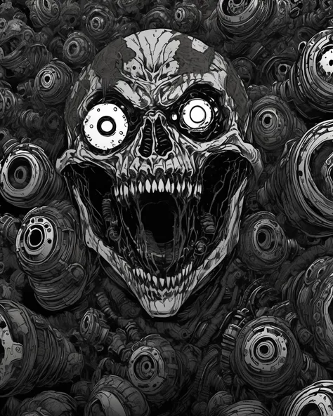 a close up of a skull with a lot of cans in the background