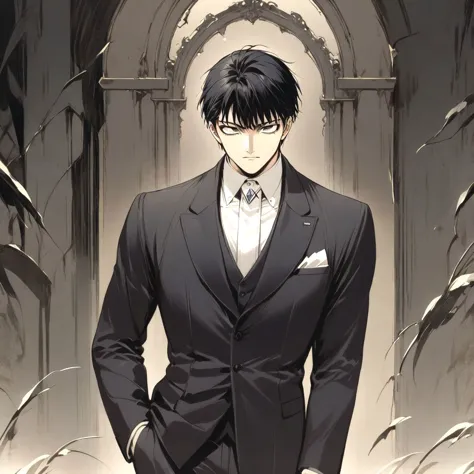 anime man in a suit standing in a doorway with a tie