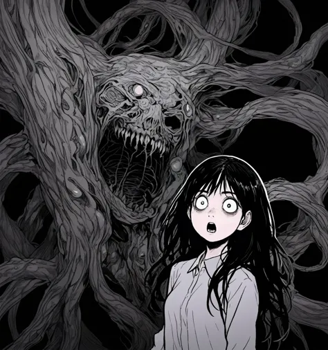 a close up of a person standing in front of a creepy looking creature