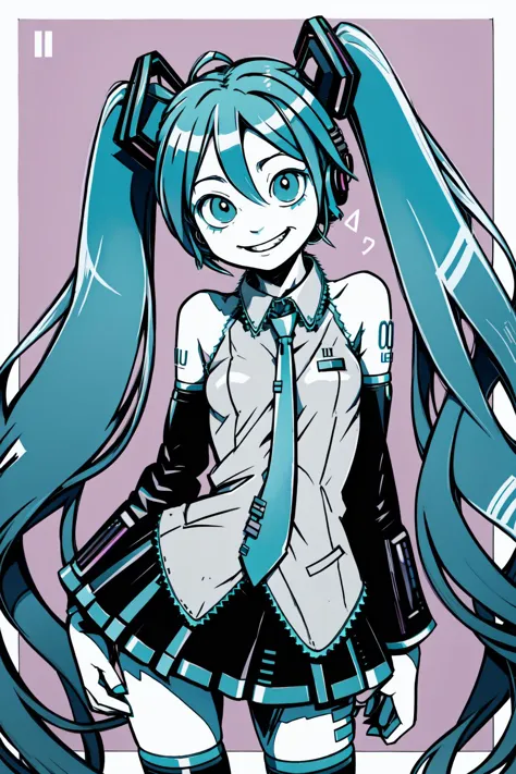 (by artist junji ito style:0.8), (masterpiece:1.2), best quality, masterpiece
(hatsune miku:1.4), teal hair, long twintails, bare shoulders,  teal necktie, miniskirt, smile, grin, evil face, shaded face,(navel:0.6),
<lyco:itoStyleLoRA:0.8>