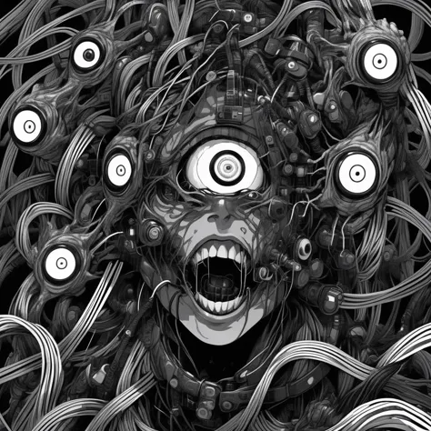 a close up of a black and white photo of a monster with many wires