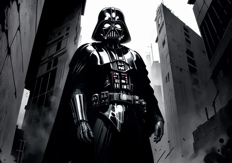 dart vader in a dark city with a city background