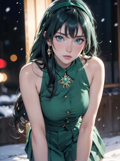 fantasy anime, , depth of field, Masterpiece, intricate, hyper detailed, , bokeh, high resolution, sharp detail, best quality,
, depth of field, 1girl, dark green hair, , looking at viewer,
hair ornament, , dynamic pose, , , , earrings, , neon in station, snow, night, , ,
<lora:LoPoBiaElaine:0.2> LoPoBiaElaine, , , very long hair, blue eyes, pleated skirt, miniskirt, green shirt, black hair, green gloves, bare shoulders, hairband, sleeveless, brooch, green skirt,
<lora:age_slider_v20:0.8>