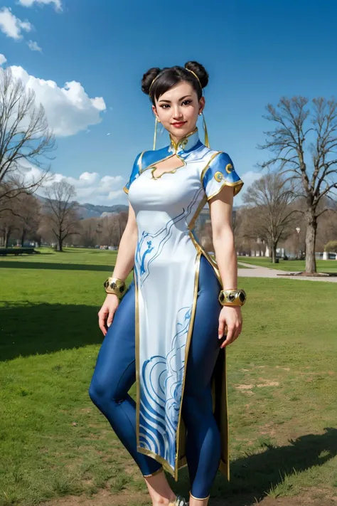 chunli, double bun, ribbons, china dress, gold-trim, bracelets, leggings, looking at viewer, serious, smiling, standing, outside, park, grass, trees, winter, blue sky, high quality, masterpiece,  <lora:New_Chunners-DEF:.8>