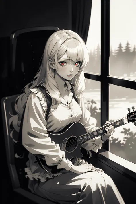 A blonde woman sitting on a chair,red eyes,anime,a dark warm limited palette, chiaroscuro, Monochrome,1940's style,1940s clothing style, cinematic,linquivera,long hair,place,guitar<lora:guitar_v_acoustic:1>