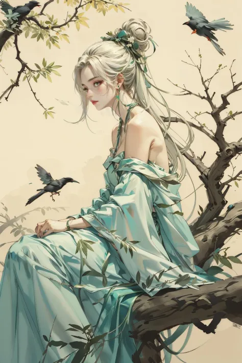 <lora:gongbi1.2-000006:0.8>,1girl,bird,sitting,branch,solo,bare shoulders,white hair,hair bun,long hair,hair ornament,dress,tree,from side,off shoulder,crow,leaf,light green dress,single hair bun,gongbi,, masterpiece,best quality,highres,8k uhd,