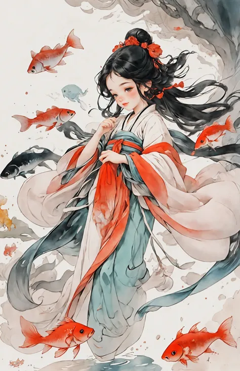 a woman in a kimono dress is surrounded by fish