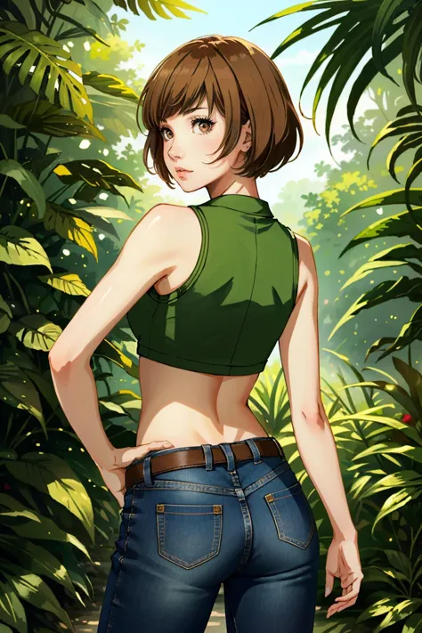 ((masterpiece, best quality))
<lora:Persona3Chie:0.8>
Persona3Chie, 1girl, solo, short hair, brown hair, brown eyes, in a lush jungle with vibrant flowers, from behind, looking back