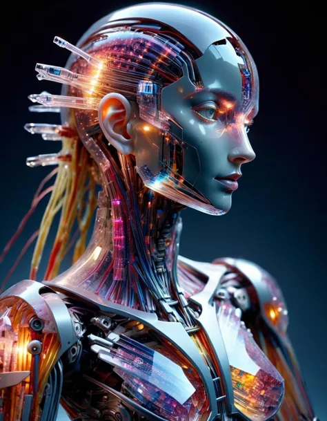 a futuristic side portrait of a humanoid robot. the robot's body is made of translucent materials,and its internal structure is ...