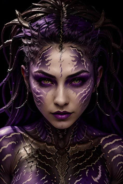 <lora:starcraft2queenof_20:1>, purple skin woman in a (very dark:1.3) cave , horable, full body, face tattoo, purple eyes, dark ...